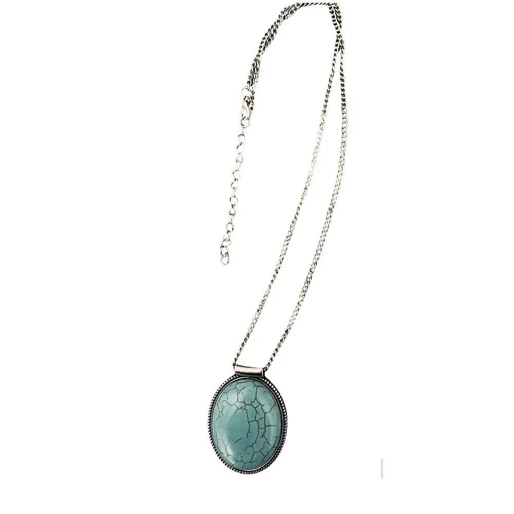 Turquoise Colored Stone Pendant 1.625 in Necklace‎ Silvertone Box Chain 20-22 in